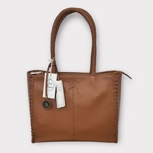 NWT Jack Rogers Bianca 100% Leather Tote Bag Brown Dual Braided Straps *Flaw*